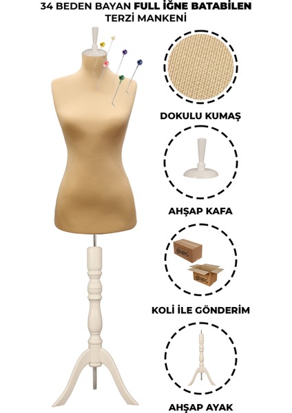 34 Beden Özel Jardonlu Ten Rengi Kumaş Iğne Batabilen Terzi Mankeni Prova Mankeni