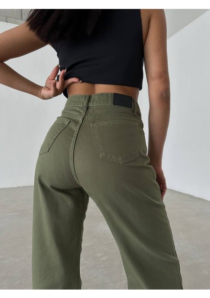 Kadın Haki Yüksel Bel Bol Paça Denim Pantalon indirimleri
