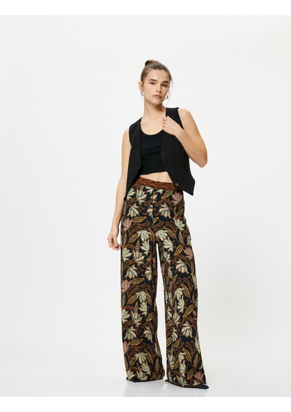 Bol Paça Pantolon Etnik Desenli Cepli Yüksek Bel