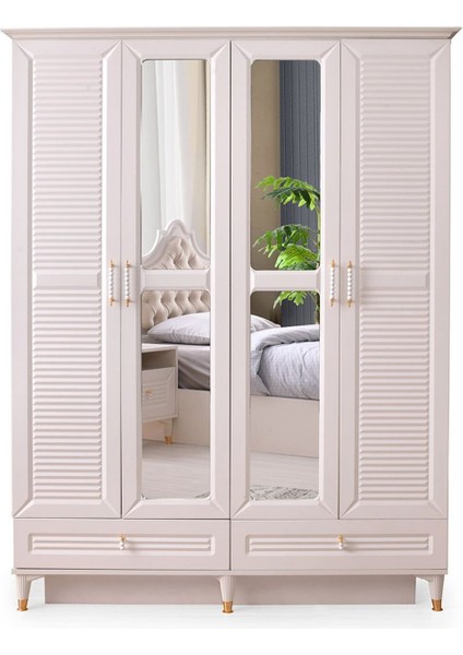 Kuğu Gardırop-Mdf-Ay taşı-160x60x220cm-4 Kapaklı-Aynalı-Ücretsiz Nakliye Ve Montaj