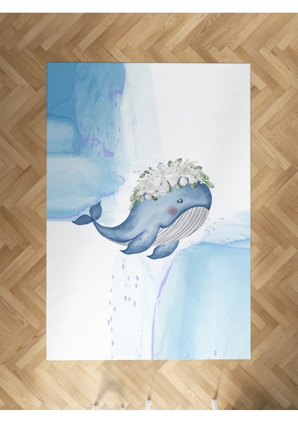 Bebek ve Çocuk Odası Mavi Balina Desenli Halı