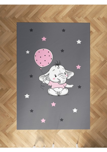 Bebek ve Çocuk Odası Pembe Filli Balonlu Desenli Halı