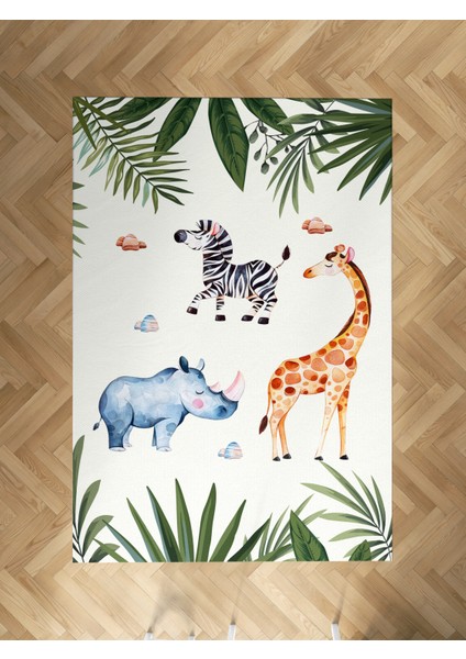 Bebek ve Çocuk Odası Safari Hayvanlar Yapraklar Desenli Halı