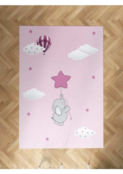 Bebek ve Çocuk Odası Pembe Yıldızlı Fil Desenli Halı