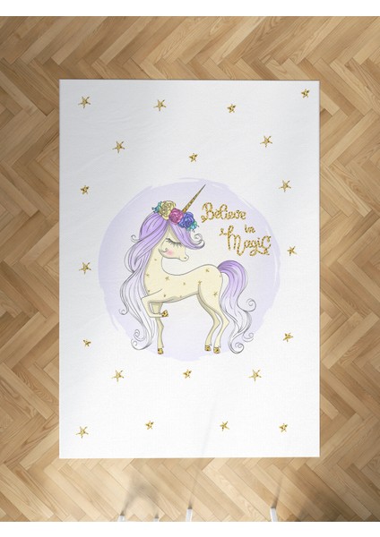 Bebek ve Çocuk Odası Yıldızlı Mavi Unicorn Desenli Halı