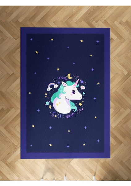 Bebek ve Çocuk Odası Lacivert Unicorn Desenli Halı