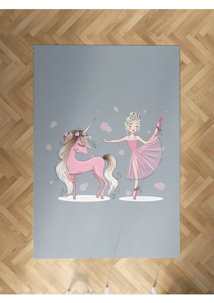 Bebek ve Çocuk Odası Pembe Unicorn ve Kız Desenli Halı