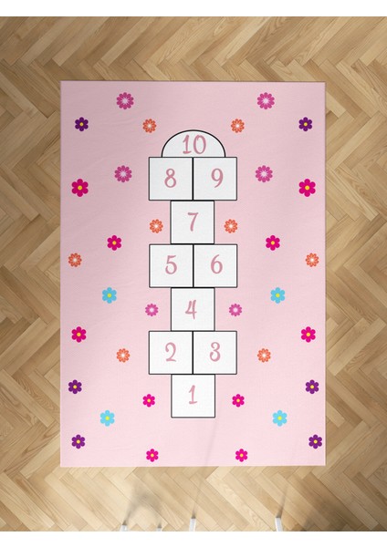 Bebek ve Çocuk Odası Seksek ve Renkli Çiçek Desenli Halı