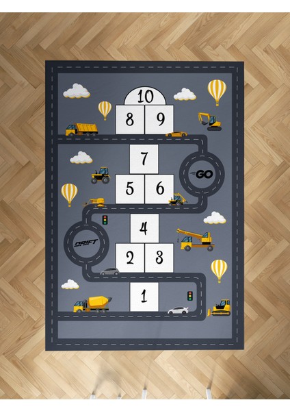 Bebek ve Çocuk Odası Iş Makinası ve Seksek Desenli Gri Halı