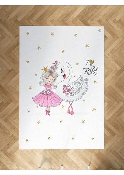 Bebek ve Çocuk Odası Balerin Kız ve Kuğu Deseli Halı