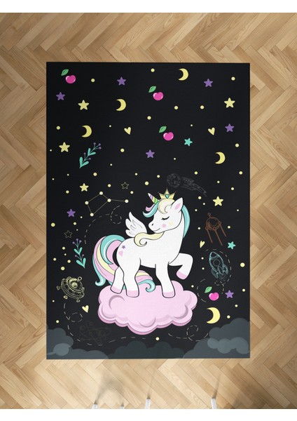 Bebek ve Çocuk Odası Pembe Bulut Üzerinde Unicorn Desenli Siyah Halı
