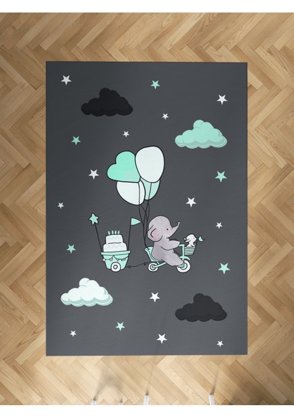 Bebek ve Çocuk Odası Yeşil Bulutlu ve Bisikletli Fil Desenli Halı
