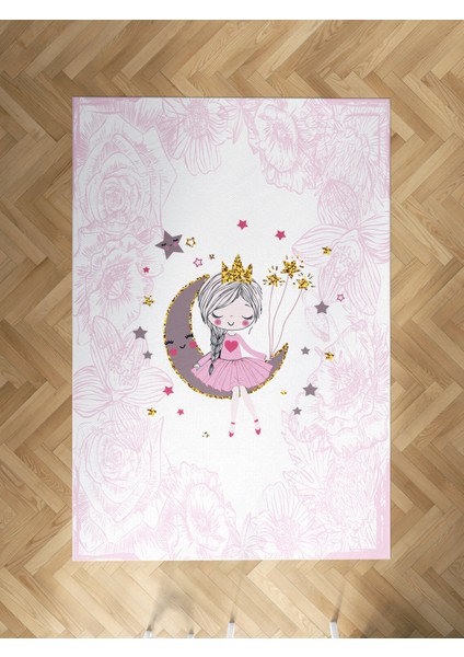 Bebek ve Çocuk Odası Ay Üzerinde Oturan Kız Desenli Motifli Halı