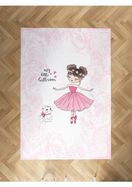 Bebek ve Çocuk Odası Balerin Kız ve Kedi Desenli Motifli Halı