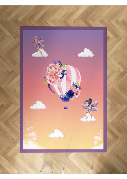 Bebek ve Çocuk Odası Uçan Balon ve Çiçek Desenli Halı