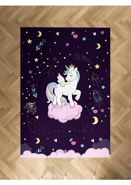 Mekta Home Bebek ve Çocuk Odası Pembe Bulut Üzerinde Unicorn Desenli Mor Halı