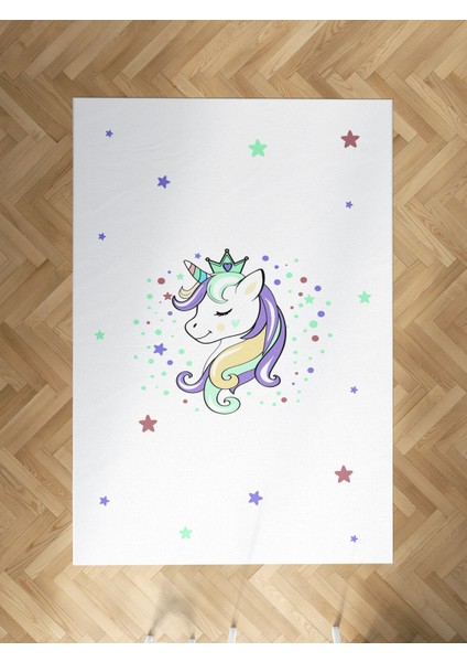 Bebek ve Çocuk Odası Renkli Unicorn Desenli Beyaz Halı