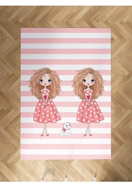 Bebek ve Çocuk Odası Ikiz Kız Desenli Çizgili Halı