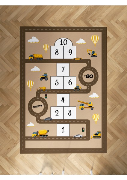 Bebek ve Çocuk Odası Iş Makinalı Kahverengi Yol Desenli Halı