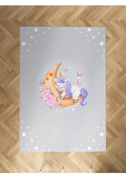 Bebek ve Çocuk Odası Aya Sarılan Unicorn Desenli Gri Halı