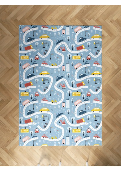 Bebek ve Çocuk Odası Yol ve Arabalı Mavi Halı