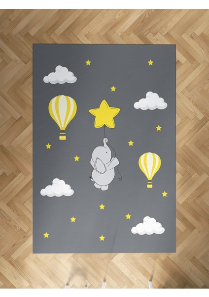 Bebek ve Çocuk Odası Fil Yıldız ve Uçan Balon Desenli Halı