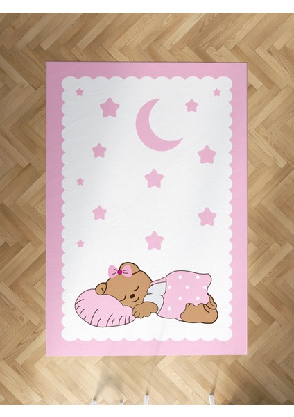 Bebek ve Çocuk Odası Uyuyan Sevimli Ayı Desenli Pembe Halı
