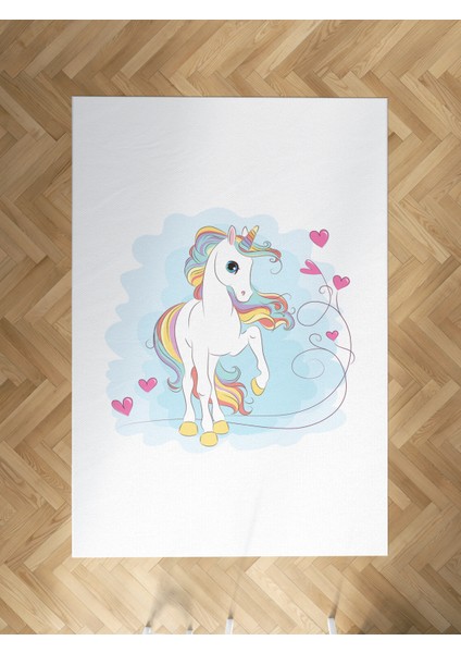 Bebek ve Çocuk Odası Kalpli Unicorn Desenli Halı