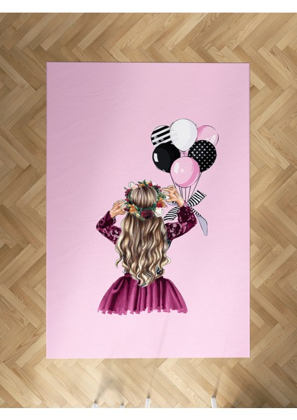 Bebek ve Çocuk Odası Prenses Kız ve Fiyonklu Balon Desenli Halı