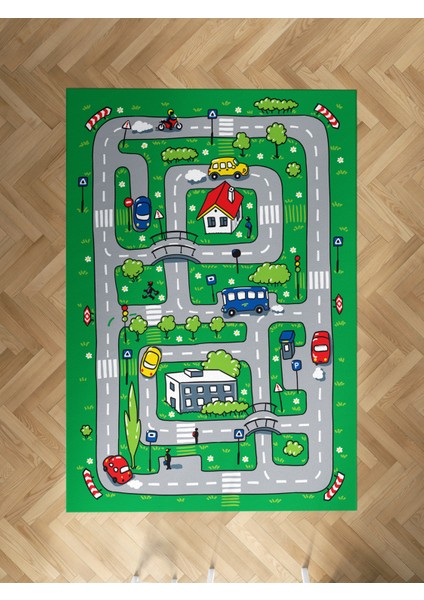 Bebek ve Çocuk Odası Şehir ve Yol Desenli Yeşil Halı