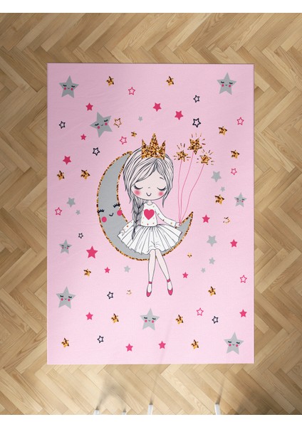 Bebek ve Çocuk Odası Ayda Oturan Prenses Kız Desenli Pembe Halı