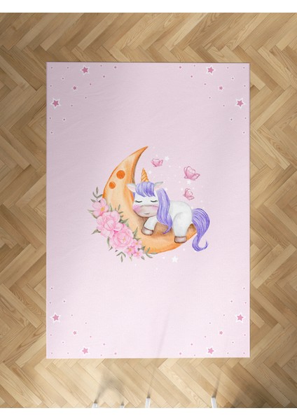 Bebek ve Çocuk Odası Aya Sarılan Unicorn Desenli Pembe Halı