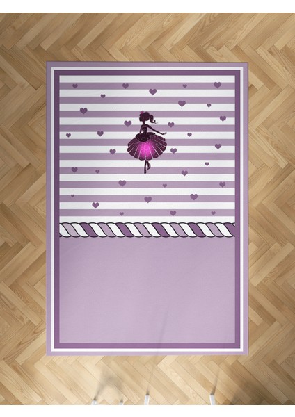 Bebek ve Çocuk Odası Çizgili Kalpli Prenses Kız Desenli Halı