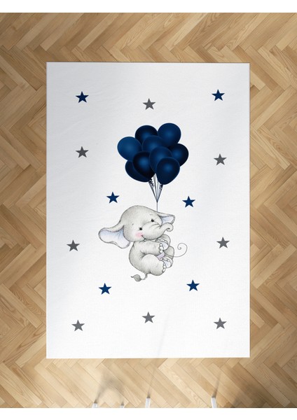 Bebek ve Çocuk Odası Filli Mavi Balon Desenli Halı