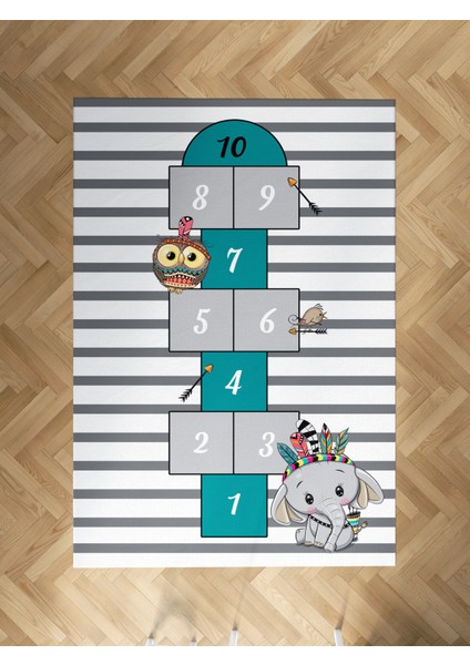 Bebek ve Çocuk Odası Kızılderili Filli ve Seksek Desenli Halı