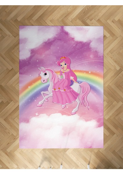 Bebek ve Çocuk Odası Gökuşağı ve Unicorn Desenli Halı