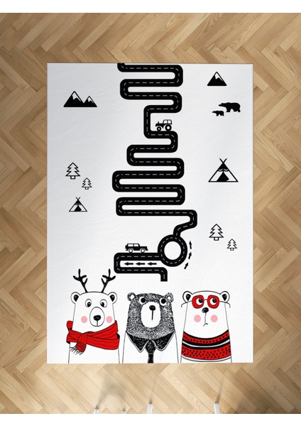 Bebek ve Çocuk Odası Sevimli 3'lü Ayı ve Yol Desenli Halı