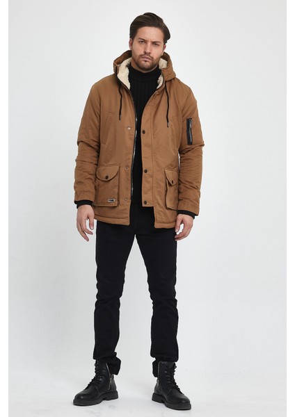 Kanvas Kumaş Kapüşonlu Slim Fit Kalıp Erkek Kışlık Mont