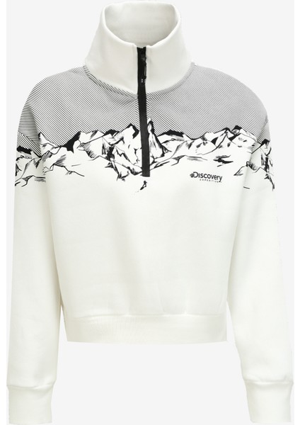 Kırık Beyaz Kadın Dik Yaka Loose Fit Baskılı Sweatshirt D3WL-SWT14