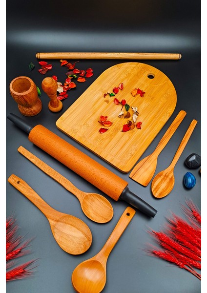 MRS Store Doğal Ahşap Mutfak Servis Merdane Oklava Kepçe Kesme Tahtası Havan 10 ' Lu Set El Işi Annelere Özel modelleri