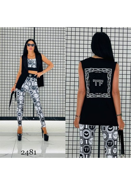 Crop Yelek Kemer Crystal Taşlı Üçlü Takım - EKRU