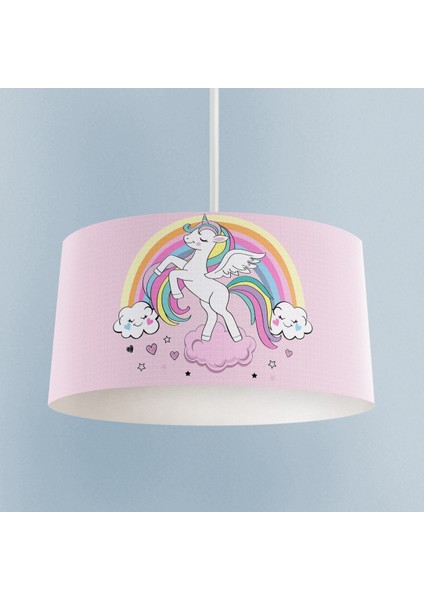 Bebek ve Çocuk Odası Gökuşağı ve Unicorn Desenli Pembe Avize