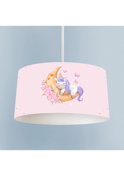 Bebek ve Çocuk Odası Aya Sarılan Unicorn Desenli Pembe Avize