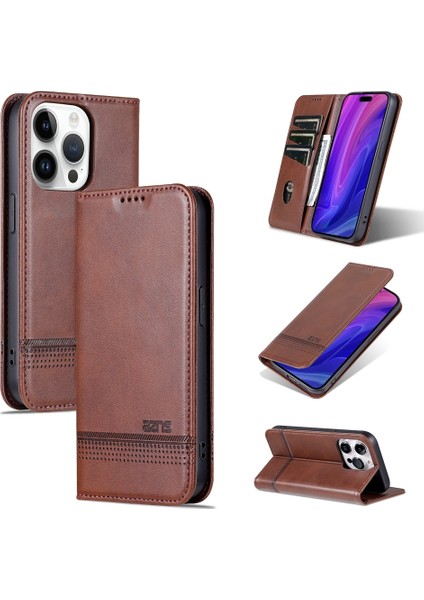 Magnicy Buzağı Doku Pu Pu Kılıfı Iphone 15 Pro Dark Brown Için (Yurt Dışından)