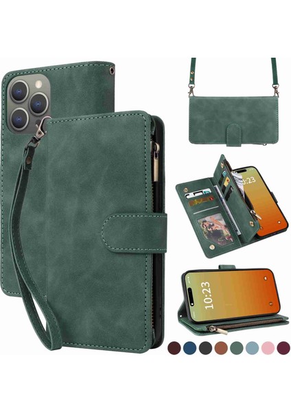 Iphone 15 Pro Max Green Için Cüzdan Fermuarı Deri Telefon Kılıfı (Yurt Dışından)