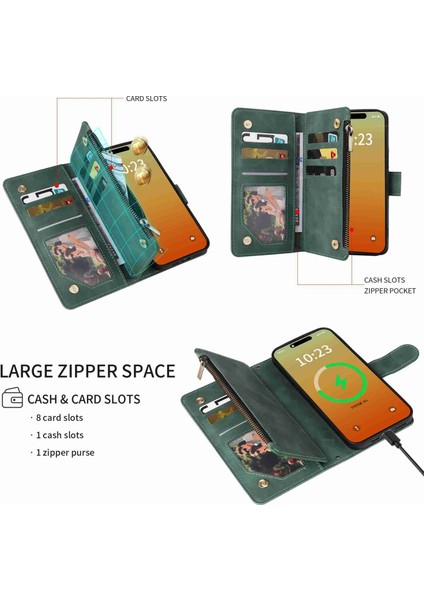 Iphone 15 Pro Max Green Için Cüzdan Fermuarı Deri Telefon Kılıfı (Yurt Dışından)