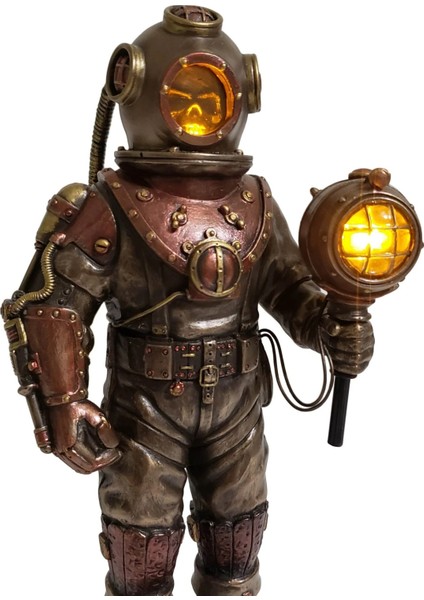 Steampunk Bakır Kaplama Işıklı Antik Dalgıç Heykeli | Denizcilik Dekorasyon | Biblo