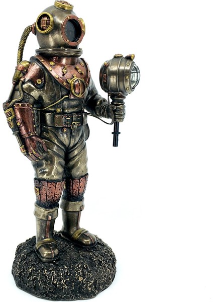 Steampunk Bakır Kaplama Işıklı Antik Dalgıç Heykeli | Denizcilik Dekorasyon | Biblo