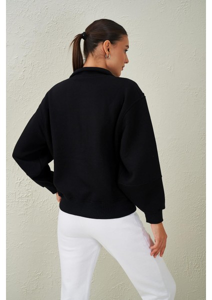 Tena Moda Kadın Siyah Dik Yaka Önü Çıtçıtlı Üç Iplik Sweatshirt modelleri