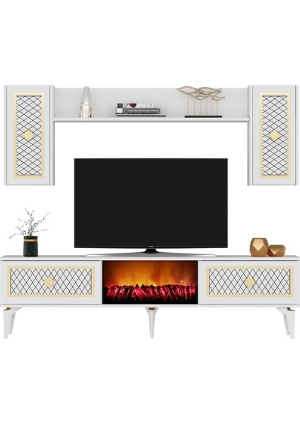 Herry Tv Ünitesi Şömineli Takım Beyaz Altın modelleri